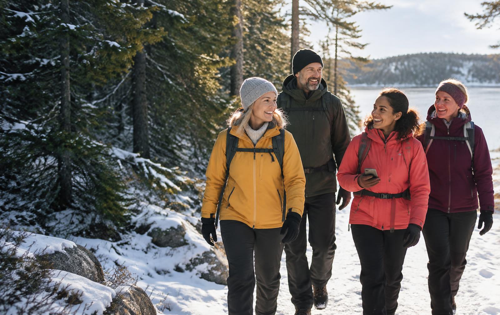 Vänner på quizpromenad i vintrig natur
